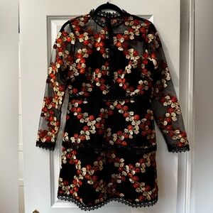 Long Sleeve Floral Appliqué Dress in Red, Black & Gold (Size 10)